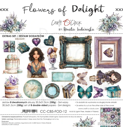 Zestaw papierów 30x30 dodatki do wycięcia Flowers Of Delight - Delight CC-C85-FOD-12 Craft O’Clock