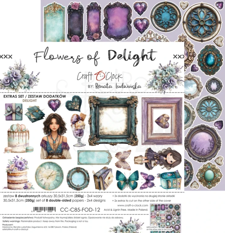 Zestaw papierów 30x30 dodatki do wycięcia Flowers Of Delight - Delight CC-C85-FOD-12 Craft O’Clock