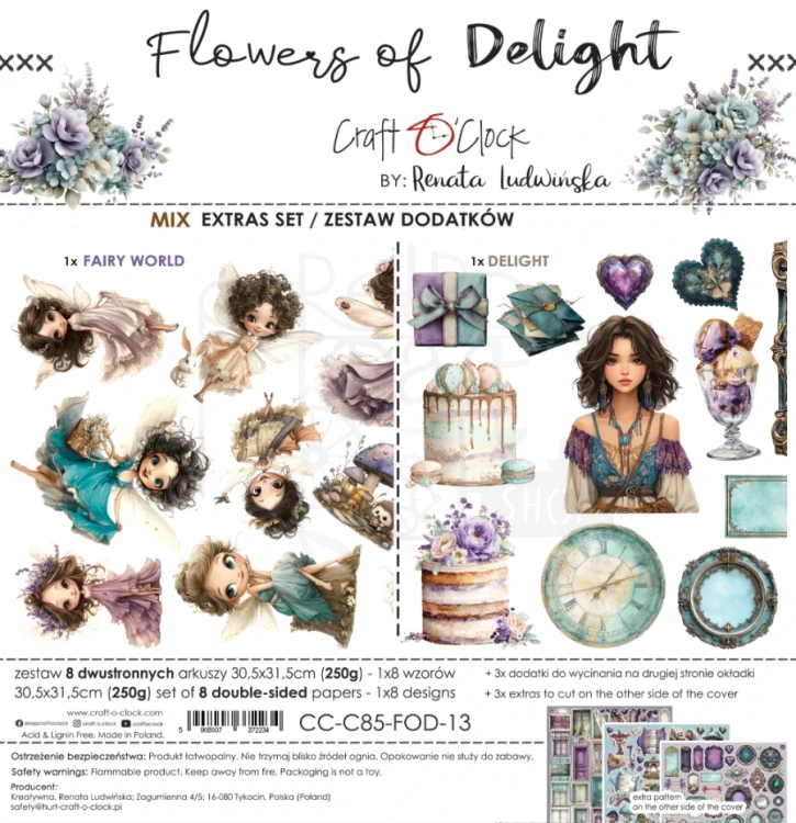 Zestaw papierów 30x30 dodatki do wycięcia Flowers Of Delight - Mix CC-C85-FOD-13 Craft O’Clock