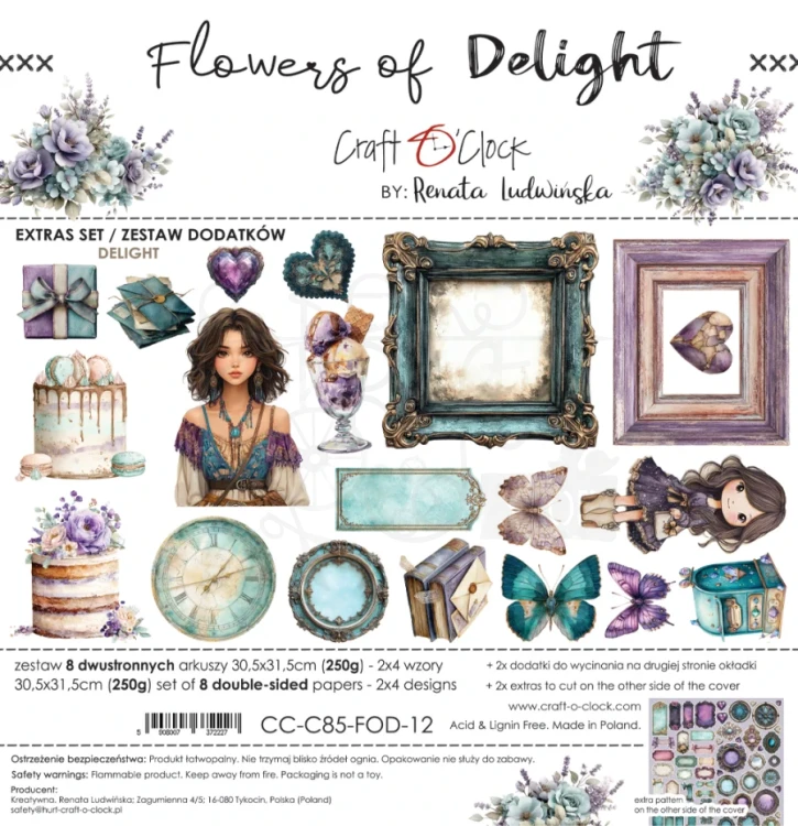 Zestaw papierów 30x30 dodatki do wycięcia Flowers Of Delight - Mix CC-C85-FOD-13 Craft O’Clock