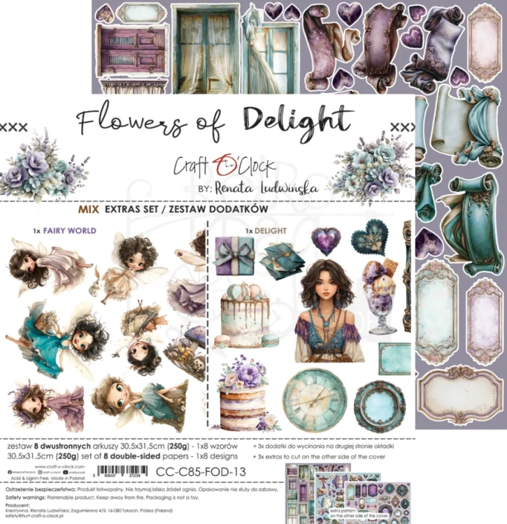 Zestaw papierów 30x30 dodatki do wycięcia Flowers Of Delight - Mix CC-C85-FOD-13 Craft O’Clock