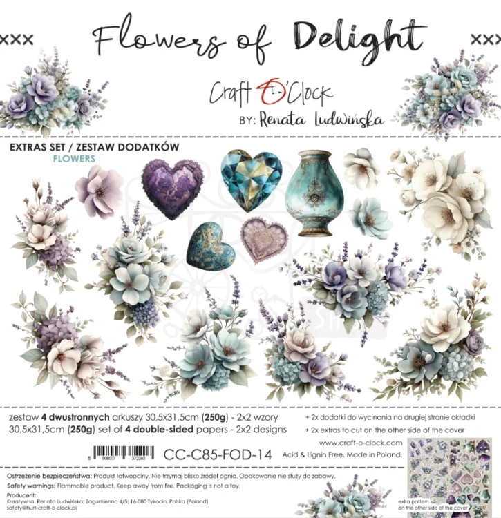 Zestaw papierów 30x30 dodatki do wycięcia Flowers Of Delight - Flowers &amp; More CC-C85-FOD-14 Craft O’Clock