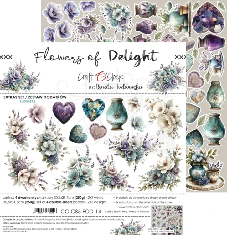Zestaw papierów 30x30 dodatki do wycięcia Flowers Of Delight - Flowers &amp; More CC-C85-FOD-14 Craft O’Clock