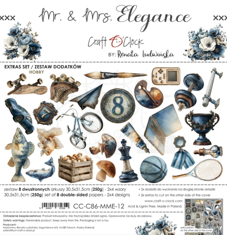 Zestaw papierów 30x30 dodatki do wycięcia Mr. &amp; Mrs. Elegance - Hobby CC-C86-MME-12 Craft O’Clock