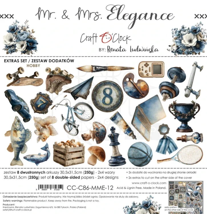 Zestaw papierów 30x30 dodatki do wycięcia Mr. &amp; Mrs. Elegance - Mix CC-C86-MME-13 Craft O’Clock