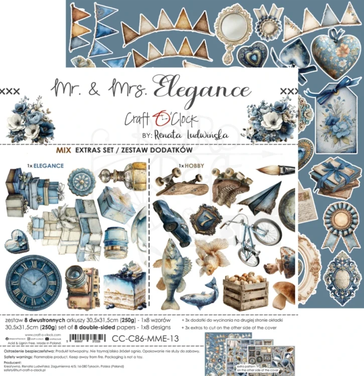 Zestaw papierów 30x30 dodatki do wycięcia Mr. &amp; Mrs. Elegance - Mix CC-C86-MME-13 Craft O’Clock