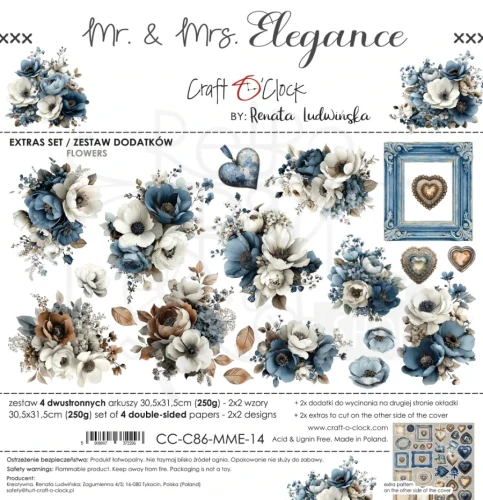 Zestaw papierów 30x30 dodatki do wycięcia Mr. &amp; Mrs. Elegance - Flowers &amp; More CC-C86-MME-14 Craft O’Clock
