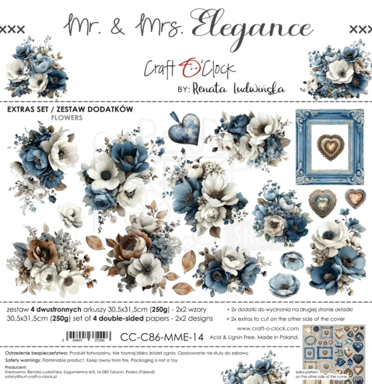 Zestaw papierów 30x30 dodatki do wycięcia Mr. &amp; Mrs. Elegance - Flowers &amp; More CC-C86-MME-14 Craft O’Clock