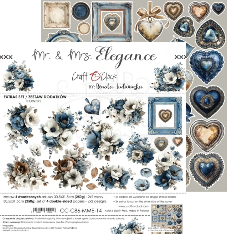 Zestaw papierów 30x30 dodatki do wycięcia Mr. &amp; Mrs. Elegance - Flowers &amp; More CC-C86-MME-14 Craft O’Clock