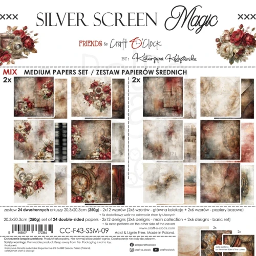 Zestaw papierów do scrapbookingu 20x20 Silver Screen Magic - Mix CC-F43-SSM-09 Craft O’Clock