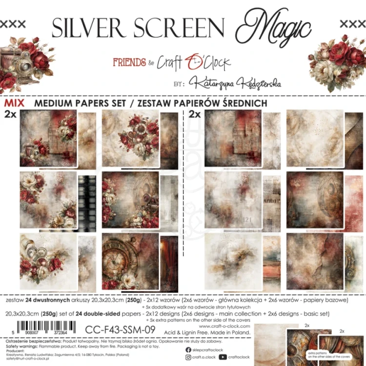 Zestaw papierów do scrapbookingu 20x20 Silver Screen Magic - Mix CC-F43-SSM-09 Craft O’Clock
