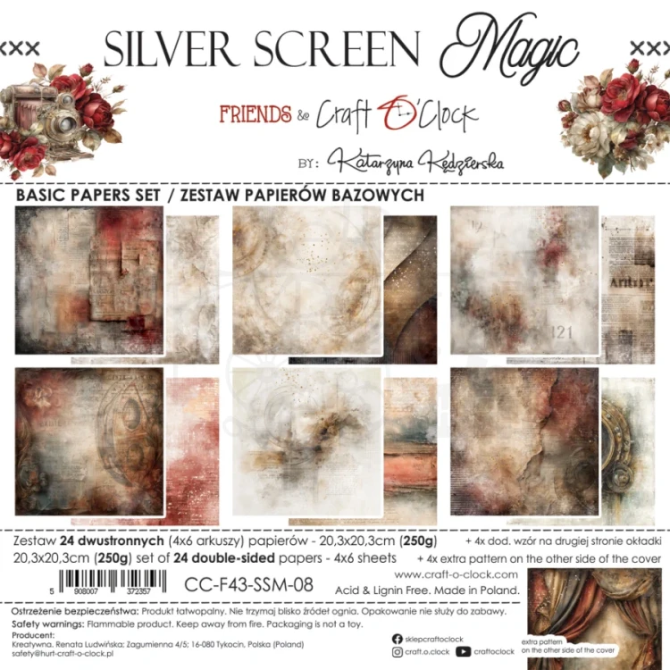 Zestaw papierów do scrapbookingu 20x20 Silver Screen Magic - Mix CC-F43-SSM-09 Craft O’Clock