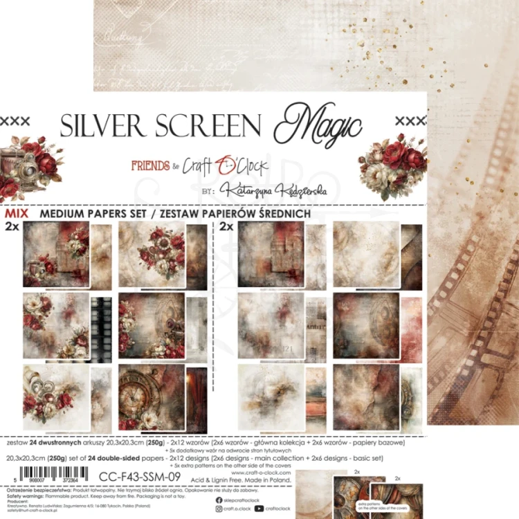 Zestaw papierów do scrapbookingu 20x20 Silver Screen Magic - Mix CC-F43-SSM-09 Craft O’Clock