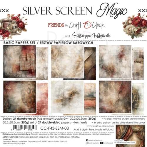 Zestaw papierów do scrapbookingu 20x20 Silver Screen Magic - Basic CC-F43-SSM-08 Craft O’Clock
