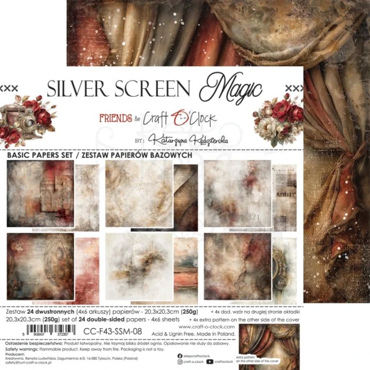 Zestaw papierów do scrapbookingu 20x20 Silver Screen Magic - Basic CC-F43-SSM-08 Craft O’Clock