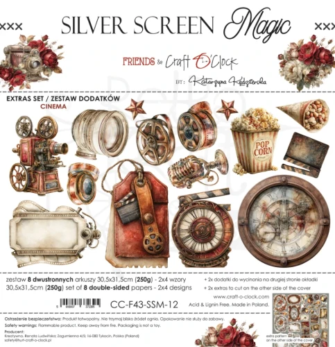 Zestaw papierów 30x30 dodatki do wycięcia Silver Screen Magic - Cinema CC-F43-SSM-12 Craft O’Clock