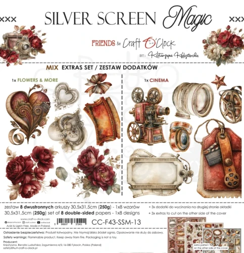 Zestaw papierów 30x30 dodatki do wycięcia Silver Screen Magic - Mix CC-F43-SSM-13 Craft O’Clock