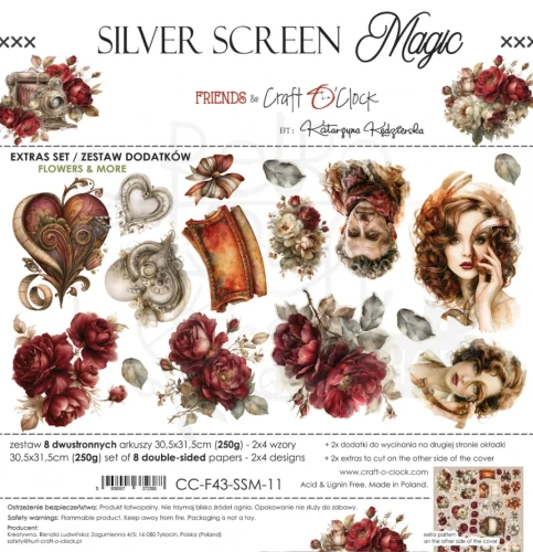 Zestaw papierów 30x30 dodatki do wycięcia Silver Screen Magic - Mix CC-F43-SSM-13 Craft O’Clock