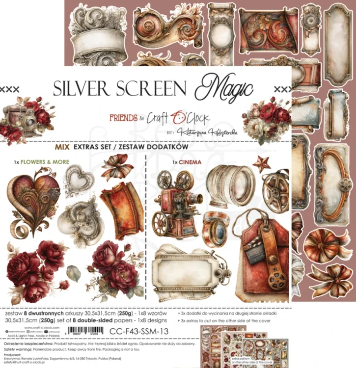Zestaw papierów 30x30 dodatki do wycięcia Silver Screen Magic - Mix CC-F43-SSM-13 Craft O’Clock