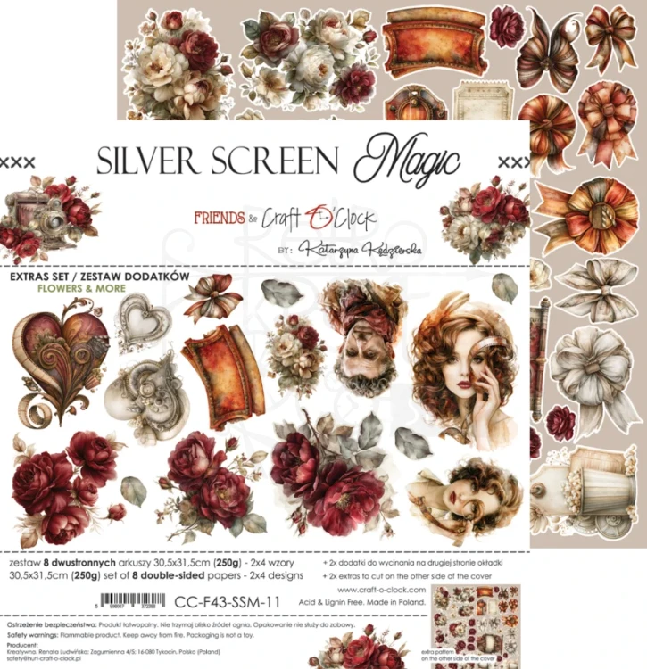 Zestaw papierów 30x30 dodatki do wycięcia Silver Screen Magic - Mix CC-F43-SSM-13 Craft O’Clock