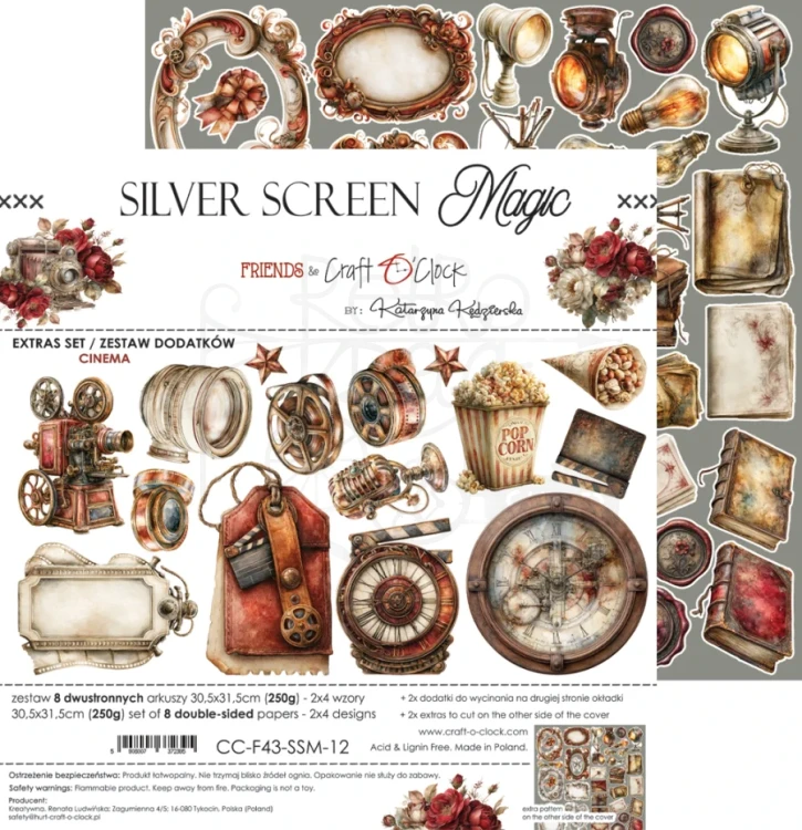 Zestaw papierów 30x30 dodatki do wycięcia Silver Screen Magic - Mix CC-F43-SSM-13 Craft O’Clock